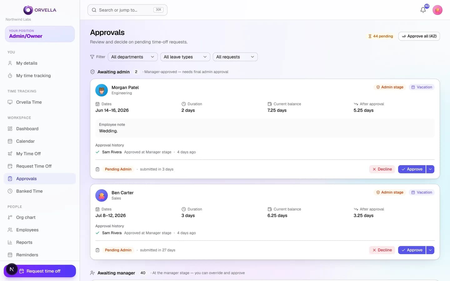 Orvella approvals screen showing balances before and after, and the approval trail