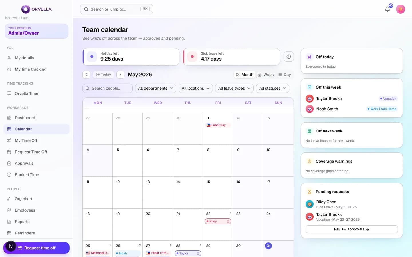 Orvella team calendar with who's off, holidays, and coverage warnings