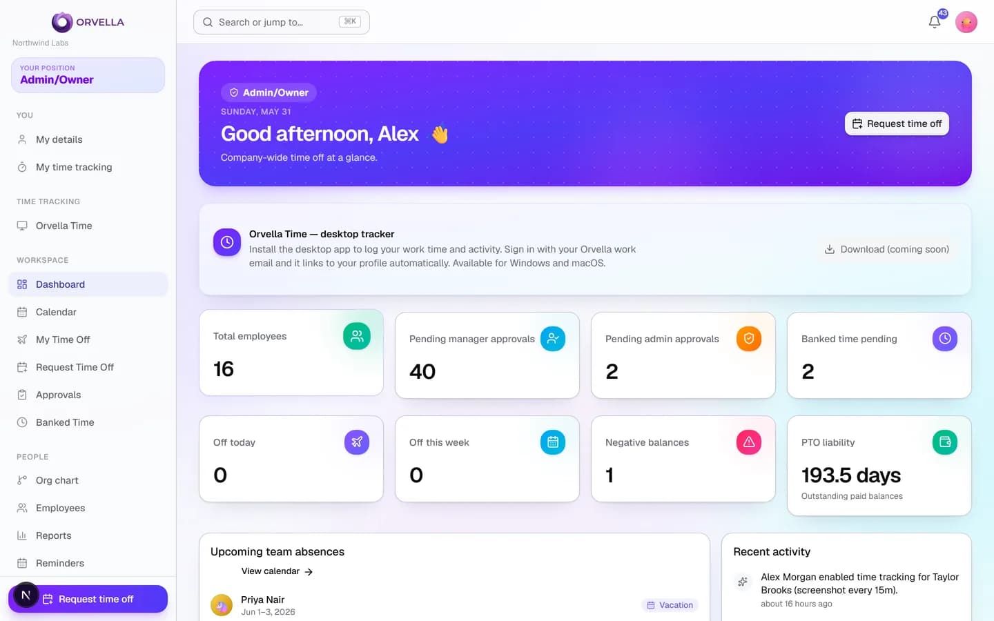 Orvella dashboard with team time-off totals, pending approvals, and PTO liability