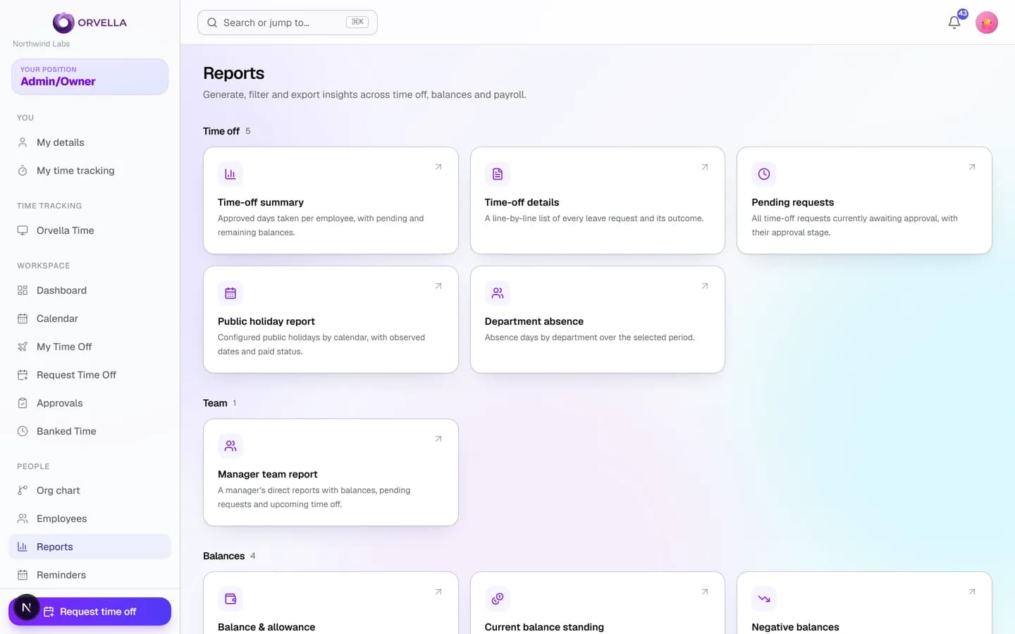 Orvella reports screen with balances, PTO liability, and CSV export